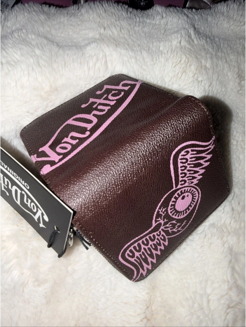 Von Dutch Hot Brown/pink Zip Up Bifold Faux Leather Wallet White Logo Accent NWT
